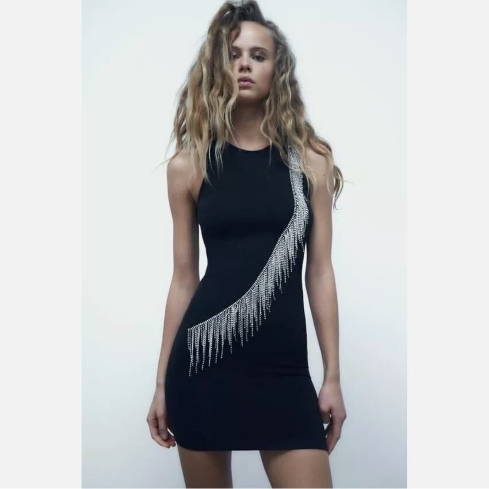 Zara Black Mini Dress Seamless Fringe Rhinestone Bodycon Dress